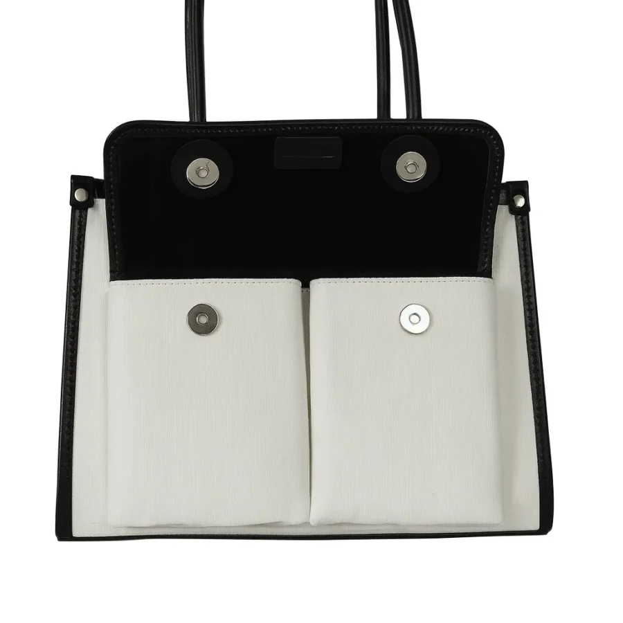 کیف زنانه چرم دستی سفید مشکی مدل F824