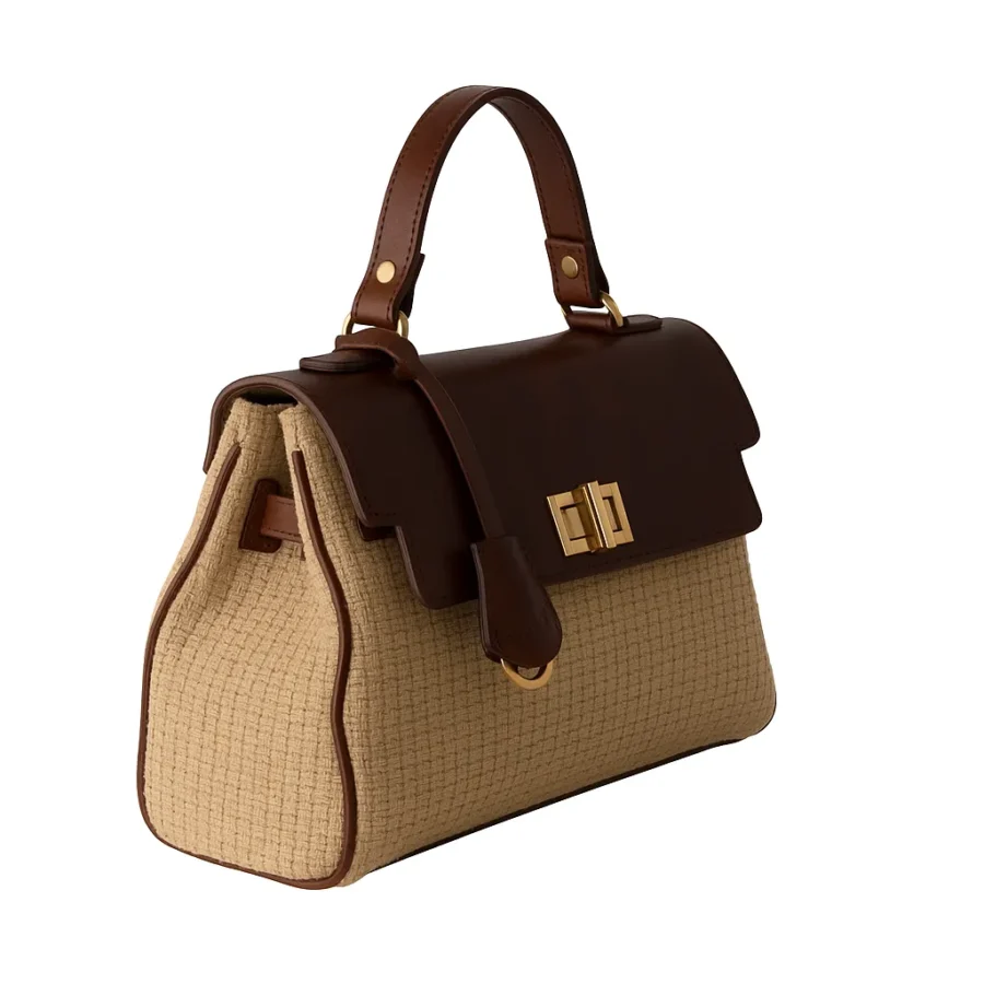 کیف زنانه چرم دستی و پارچه حصیری